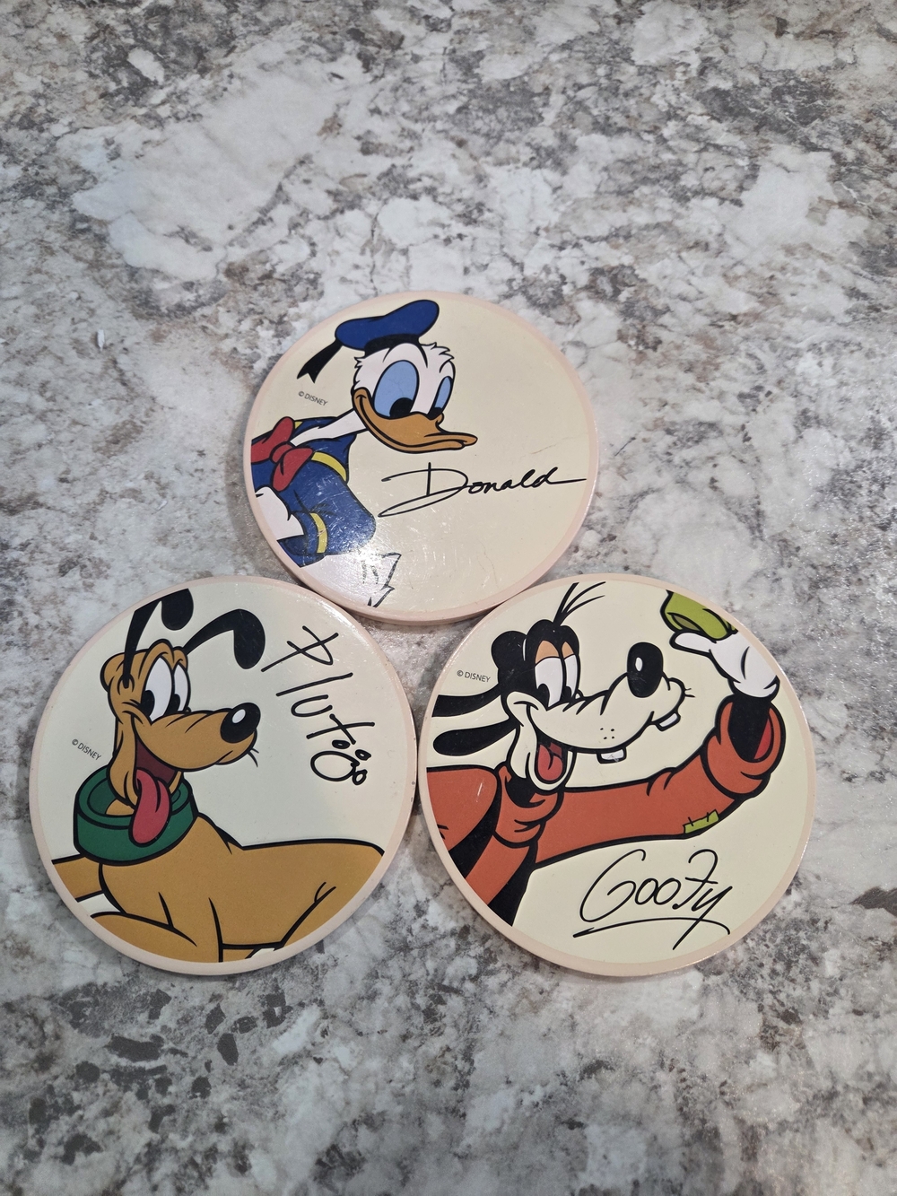 Vintage SET of 3 Official WALT DISNEY CHARACTERS CERAMIC DRINK COASTERS EC
